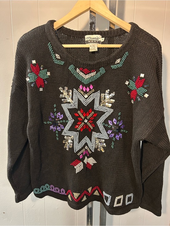 Marnie West Sweaters - Marnie West Vintage Snowflake Christmas Sweater Heavy Beads Sequin Black
